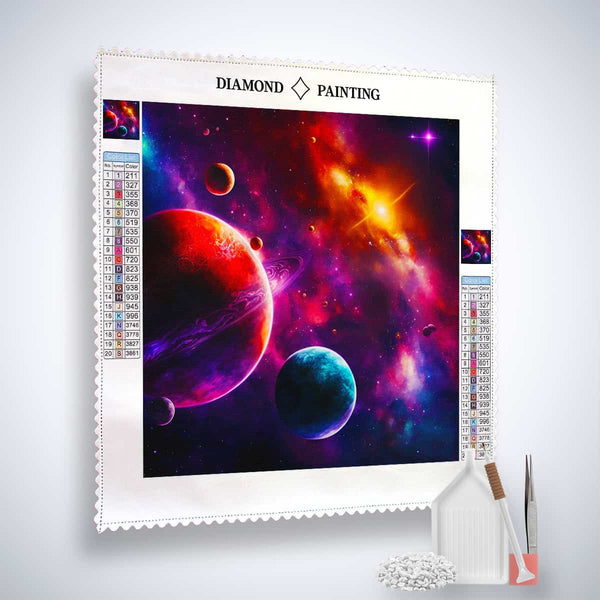 Diamond Painting Kit - Andromeda's Secret, featuring vibrant space design, enhanced acrylic diamonds, and professional application tools. Paint by Numbers.