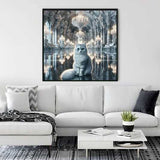 Paint by Numbers Majestic Elegance artwork of a cat in a grand ballroom setting, displayed on a wall above a modern white sofa