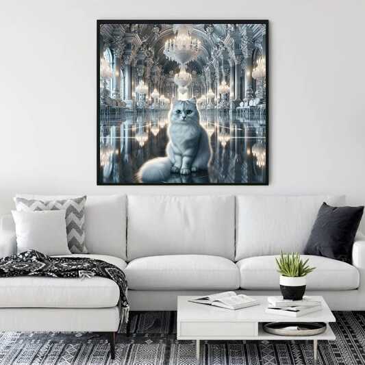 Paint by Numbers Majestic Elegance artwork of a cat in a grand ballroom setting, displayed on a wall above a modern white sofa