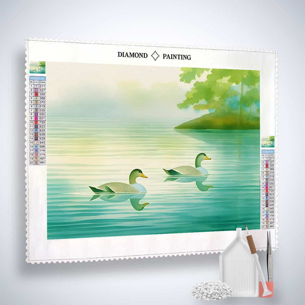Diamond painting of two ducks on a serene lake with trees in the background; complete kit includes canvas, acrylic diamonds, tweezers, and pen.