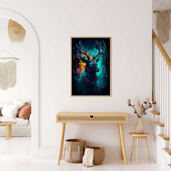 "Diamond Painting - Deer Portrait in the Night displayed in an elegant living room, paint by numbers kit with enhanced acrylic diamonds"