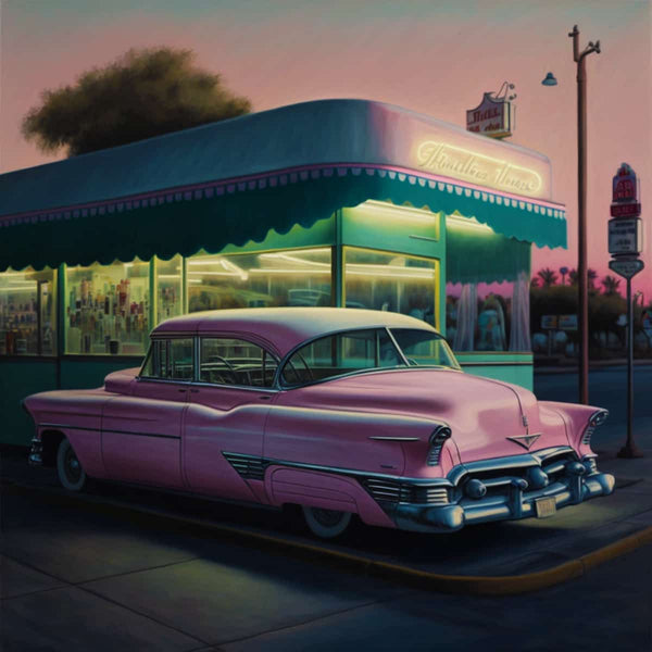 Vintage pink car at a nostalgic gas station during twilight, part of the Diamond Painting - Art that Sparkles! Paint by Numbers kit.