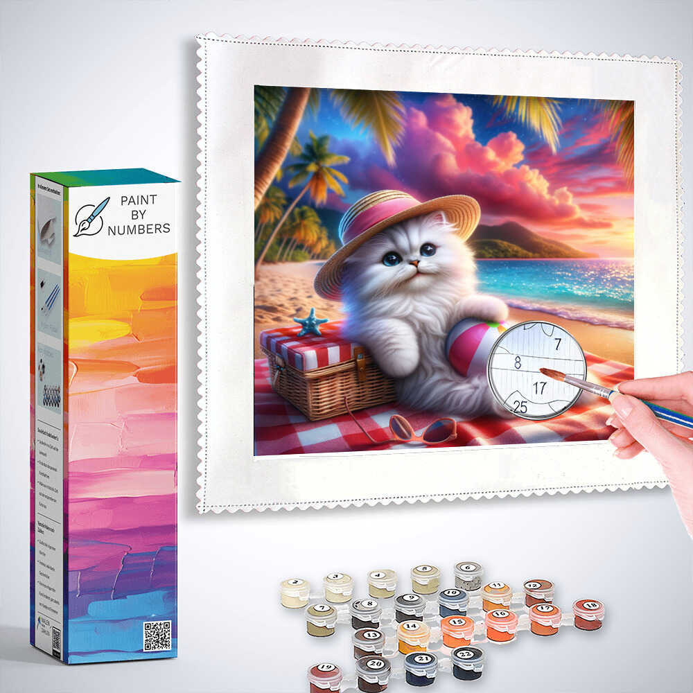 Paint by Numbers - Sweet Beach Life depicting a fluffy kitten in a straw hat on a beach at sunset with vibrant turquoise and pink tones