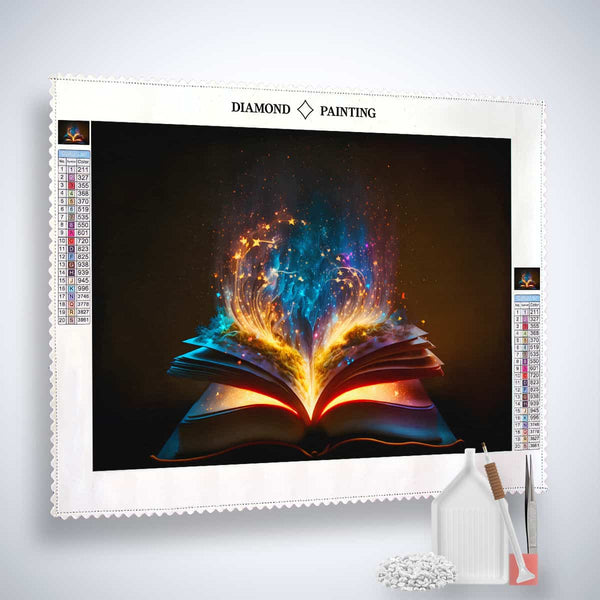 AB Diamond Painting - Magic Book Light kit featuring a glowing, magical book design with vibrant colors and diamond painting tools.