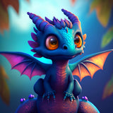 Cute baby dragon with large eyes and vibrant colors, sitting amidst a forest background.