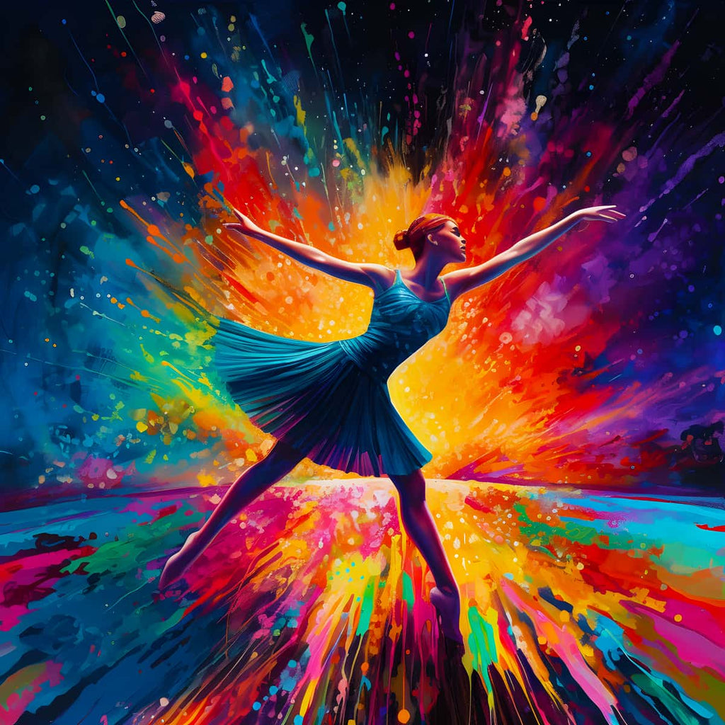 Colorful dancer in an AB Diamond Painting, showcasing vibrant burst of colors. Ideal for paint by numbers art that sparkles.