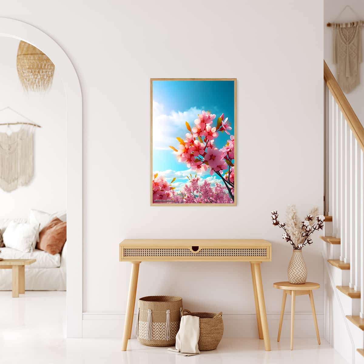 Diamond Painting - Spring Dreams displayed in a modern living room, featuring blooming pink flowers against a bright blue sky.