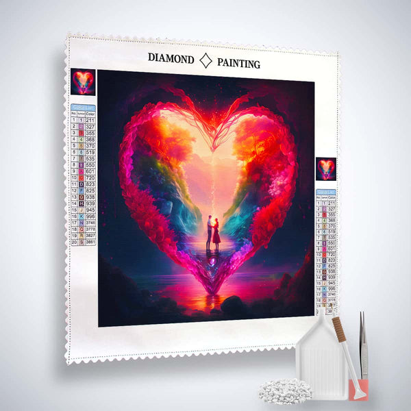 Diamond Painting Kit with Heart Couple Night Design, Paint by Numbers, Canvas, Acrylic Diamonds, Tweezers, Application Pen, Multiplacer