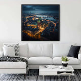 Diamond Painting of Hamburg from above displayed in a modern living room with white couch and plants. Paint by Numbers.