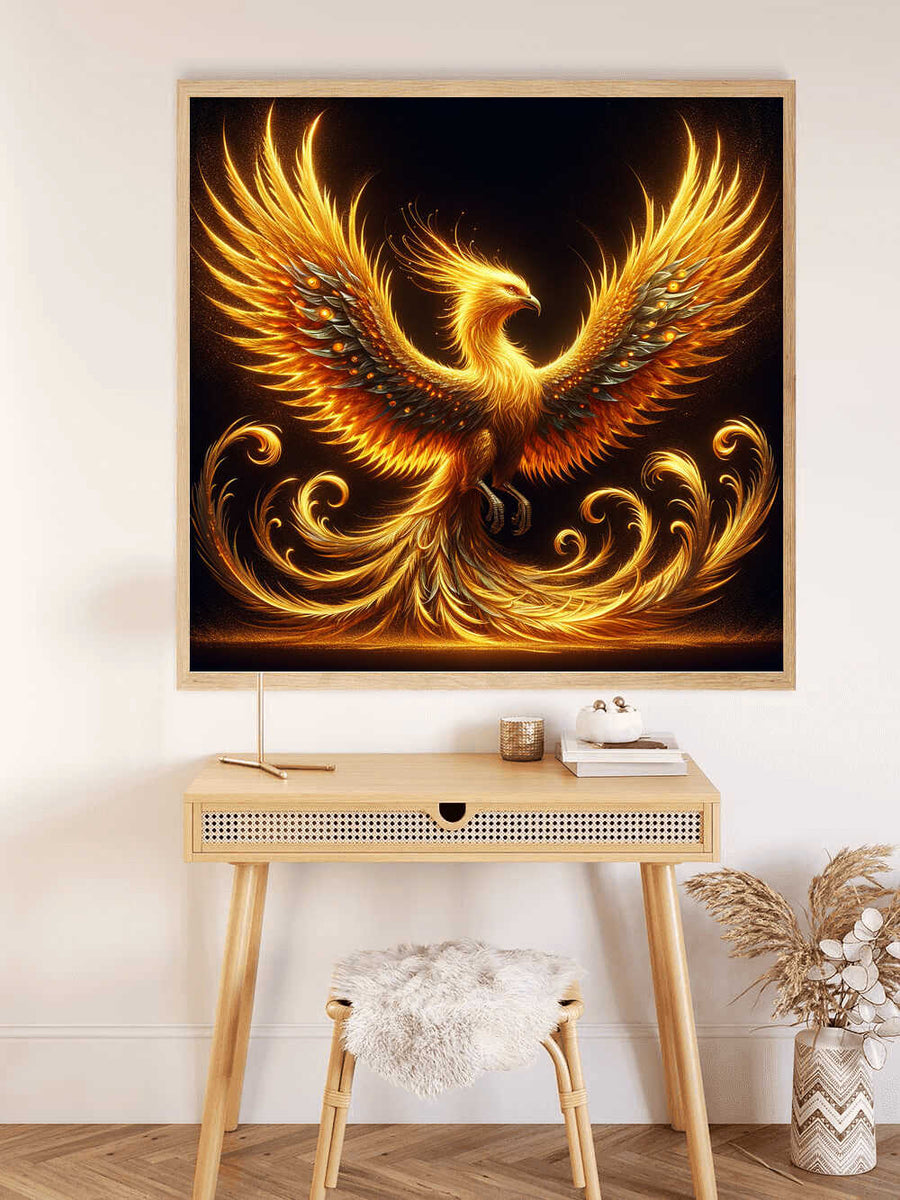 Paint by Numbers Phoenix Awakening, Golden with fiery wings and black background, symbolizing rebirth and fantasy, displayed above a desk.