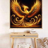 Paint by Numbers Phoenix Awakening, Golden with fiery wings and black background, symbolizing rebirth and fantasy, displayed above a desk.