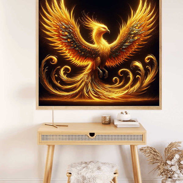 Paint by Numbers Phoenix Awakening, Golden with fiery wings and black background, symbolizing rebirth and fantasy, displayed above a desk.