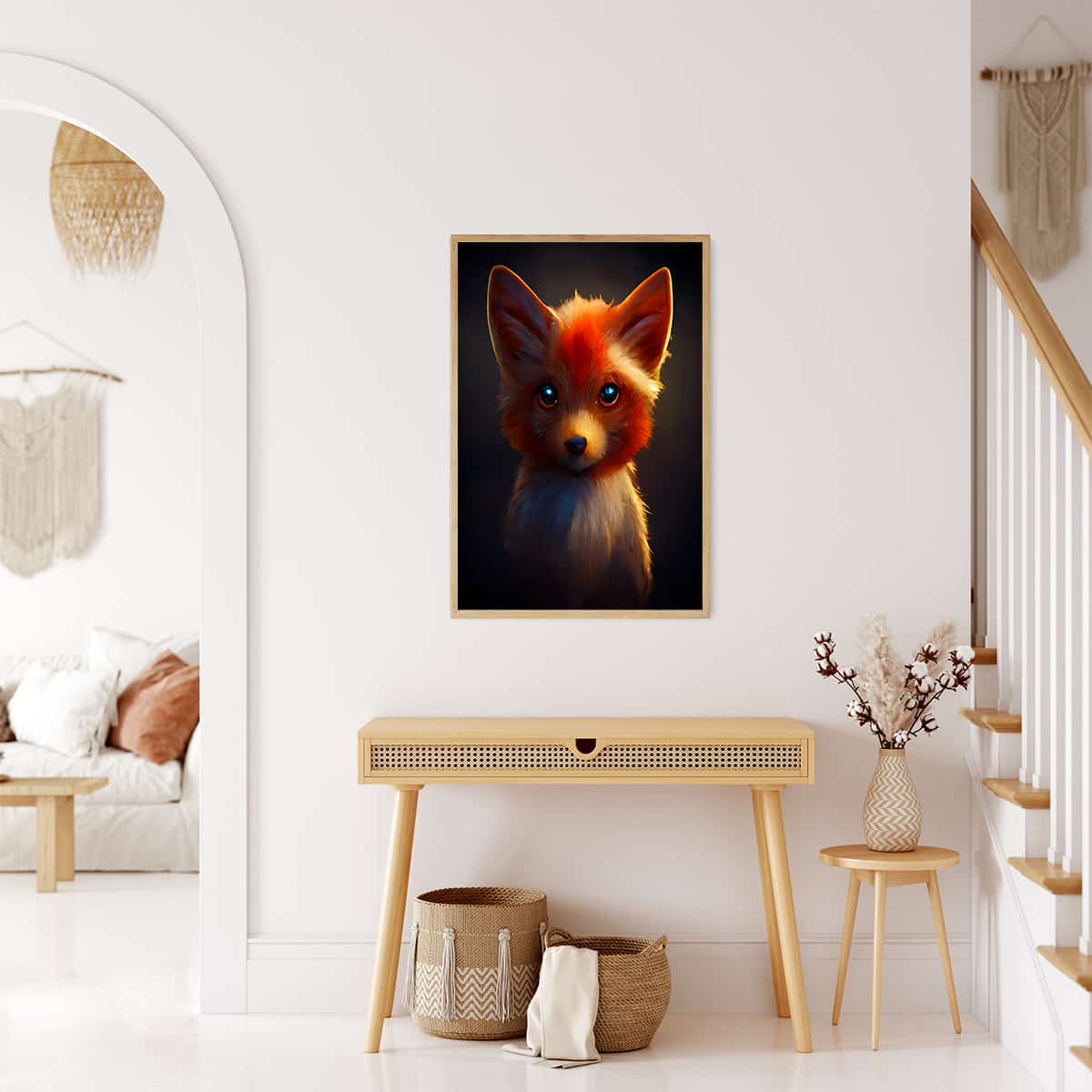 Diamond painting - fox portrait hanging on wall in modern living room with professional canvas, enhanced acrylic diamonds, and painting tools.
