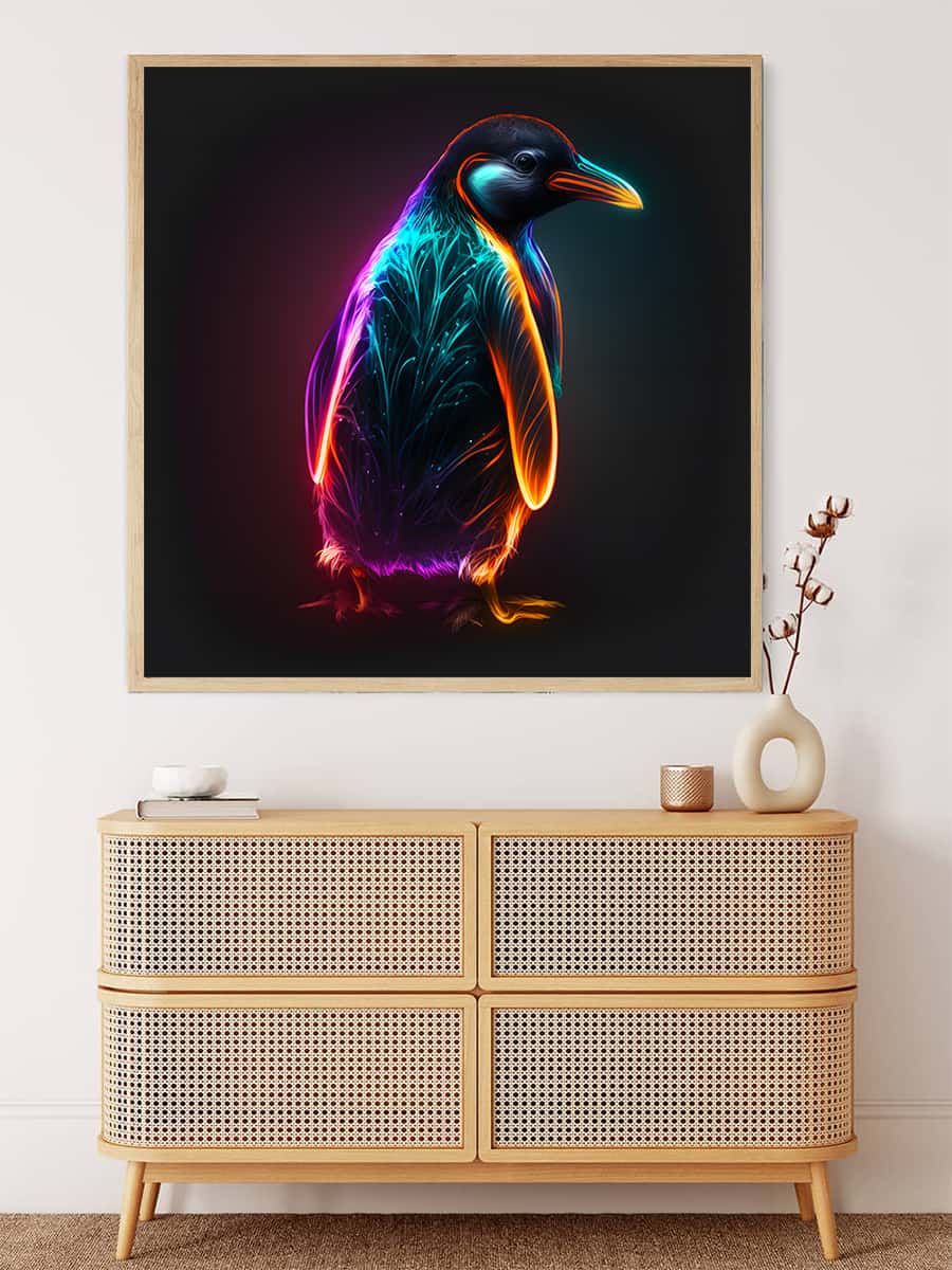 Neon Penguin Diamond Painting Kit on display above modern dresser - Paint by Numbers Art