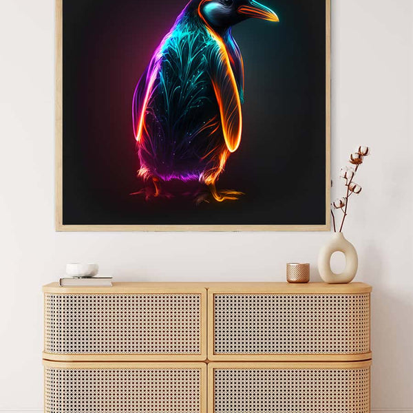 Neon Penguin Diamond Painting Kit on display above modern dresser - Paint by Numbers Art