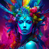 Psychedelic artwork of a proud woman with colorful feathers and flowers in a vibrant, surreal setting.