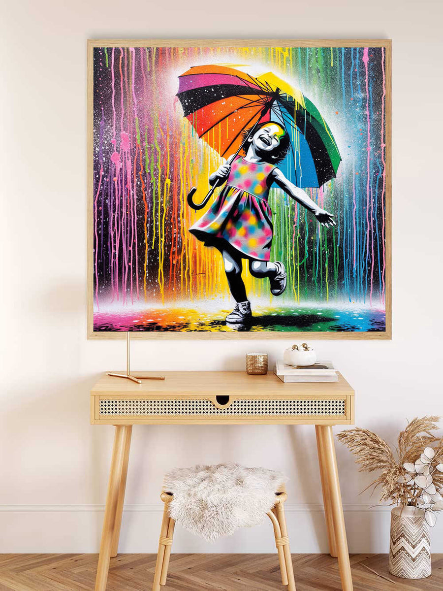 Paint by Numbers - Dance of Colors in the Rain wall art featuring a girl with a colorful umbrella dancing under bright raindrops on a modern graphic painting.