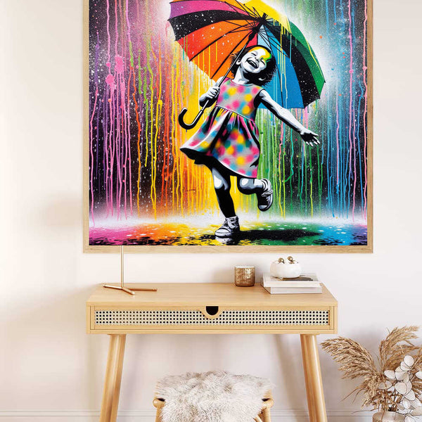 Paint by Numbers - Dance of Colors in the Rain wall art featuring a girl with a colorful umbrella dancing under bright raindrops on a modern graphic painting.