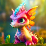 Vibrant and colorful little dragon in sunshine, diamond painting by numbers kit, sparkly art design with enhanced acrylic diamonds.