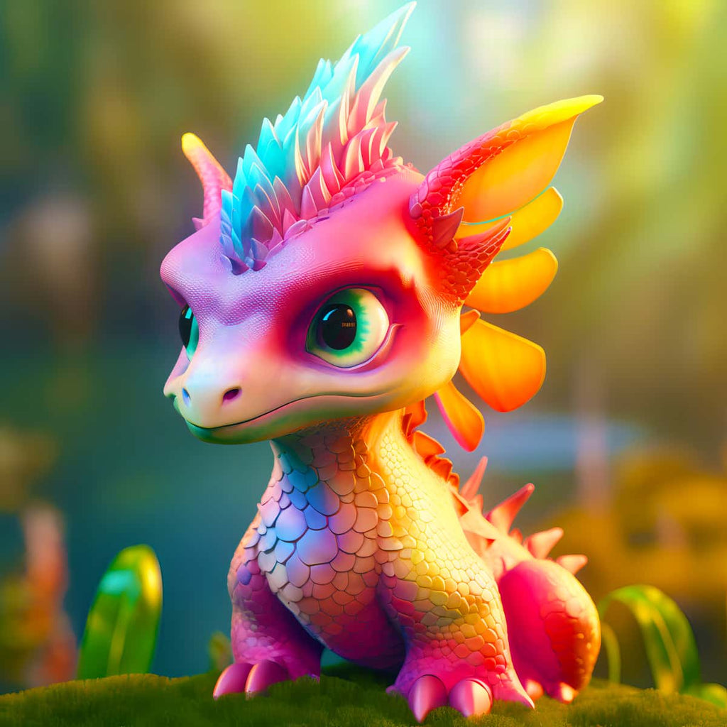 Vibrant and colorful little dragon in sunshine, diamond painting by numbers kit, sparkly art design with enhanced acrylic diamonds.
