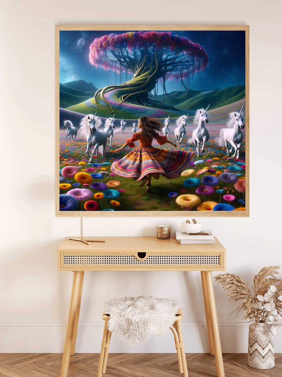 Paint by Numbers - Dream Dance under the Tree of Life featuring a girl dancing among unicorns under a mesmerizing colorful tree.