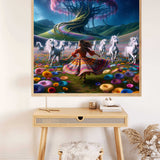 Paint by Numbers - Dream Dance under the Tree of Life featuring a girl dancing among unicorns under a mesmerizing colorful tree.