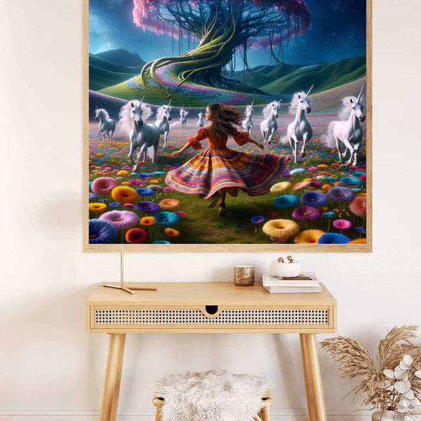 Paint by Numbers - Dream Dance under the Tree of Life featuring a girl dancing among unicorns under a mesmerizing colorful tree.