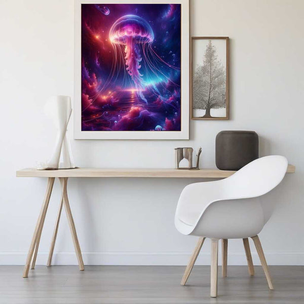 Diamond painting of a glowing pink and purple jellyfish in the deep ocean, featured above a modern desk in a minimalist room.