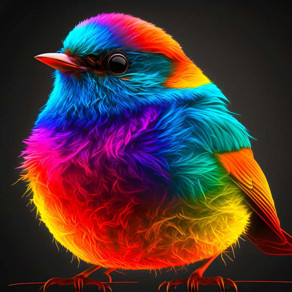 Neon rainbow-colored bird, a stunning artwork example from AB Diamond Painting's Paint by Numbers kit, showcasing vibrant colors and intricate details.