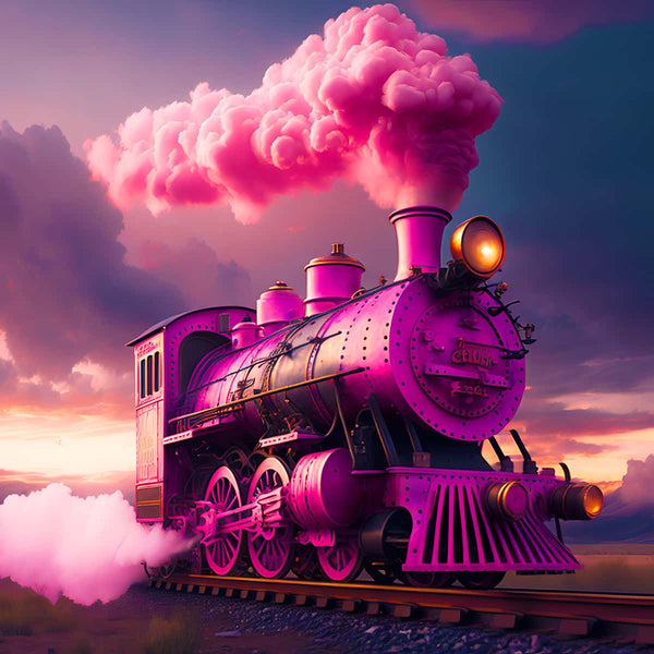 Diamond Painting - Pink train at night, Paint by Numbers kit including professional canvas, enhanced acrylic diamonds, tweezers, and applicator pen.