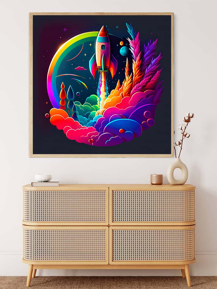 Diamond Painting - Circular Rocket artwork hanging on a wall above a wooden cabinet in a modern interior setting.