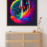 Diamond Painting - Circular Rocket artwork hanging on a wall above a wooden cabinet in a modern interior setting.