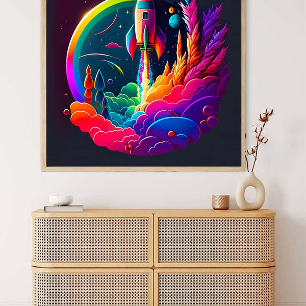 Diamond Painting - Circular Rocket artwork hanging on a wall above a wooden cabinet in a modern interior setting.