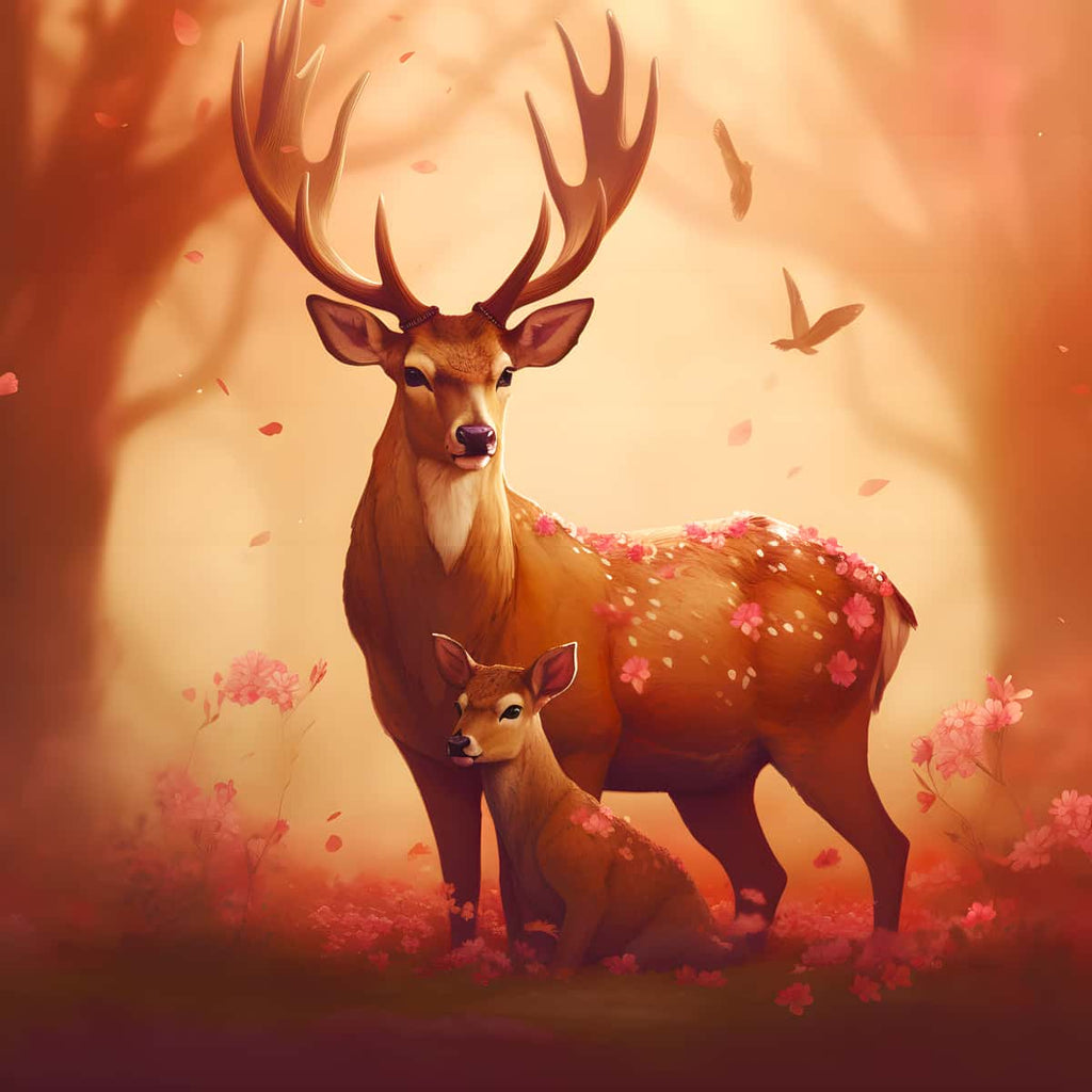 Magnificent stag with child in serene forest setting for diamond painting, featuring vibrant autumn colors and sparkling acrylic diamonds.