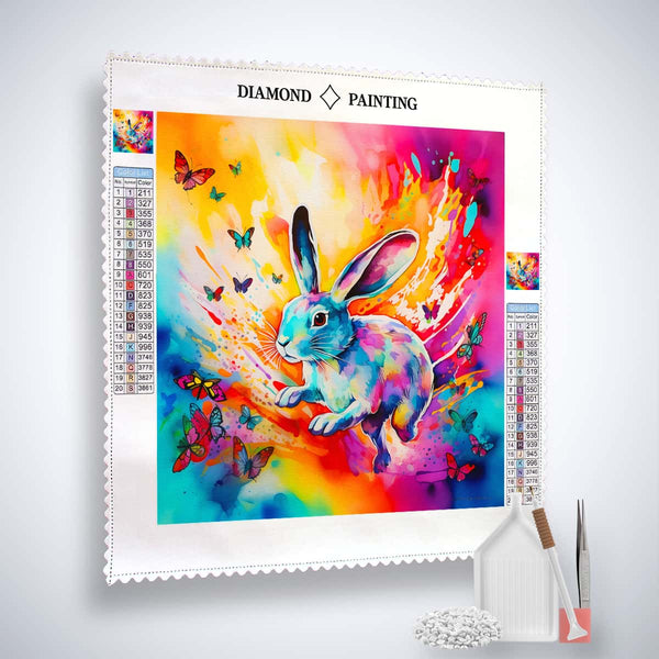 Diamond painting kit featuring a vibrant bunny with flowers and butterflies, including professional canvas, acrylic diamonds, tweezers, and application pen.