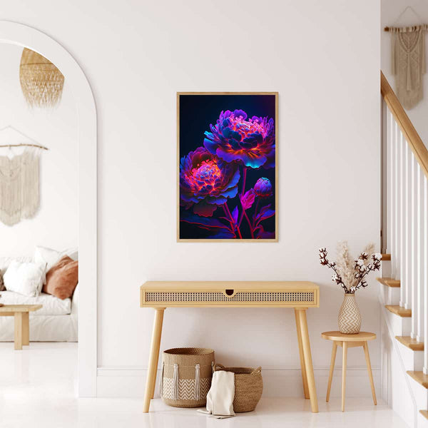 Framed AB Diamond Painting of radiant flowers hung in modern living room. Paint by Numbers wall art on wooden console table.