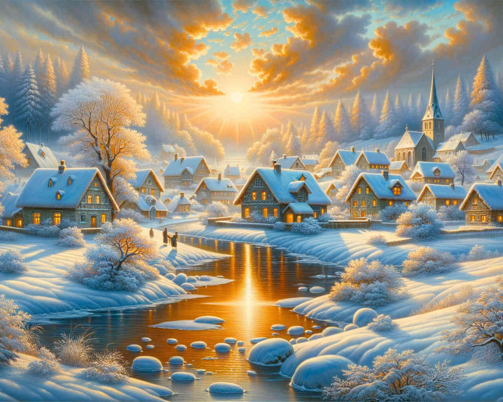 Sunrise, snow village - Paint by Numbers