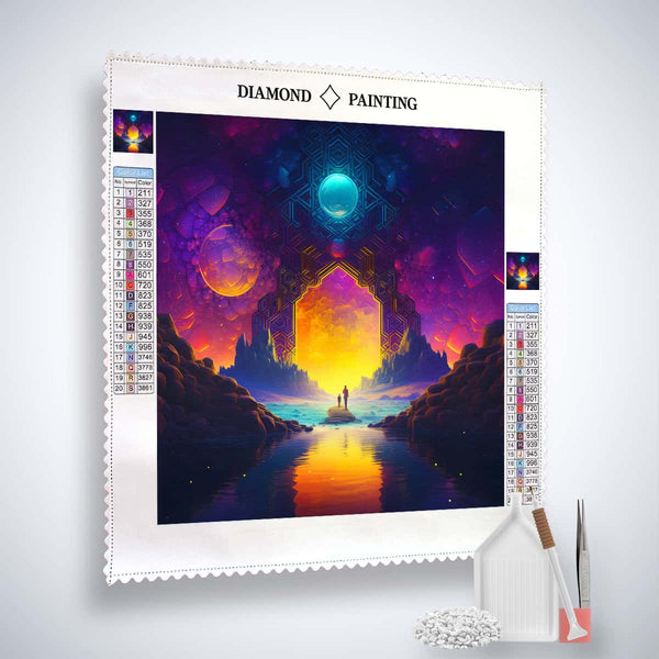 Diamond Painting Kit featuring a father and child design, complete with canvas, acrylic diamonds, tweezers, and application pen. Paint by Numbers.