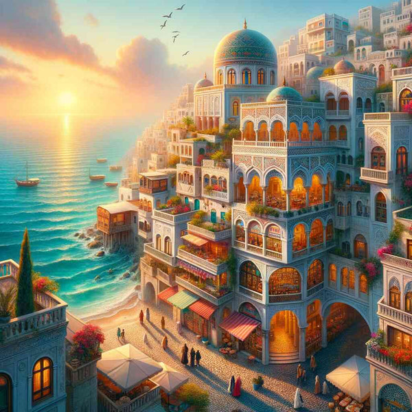 Paint by Numbers - Sunrise on the Mediterranean, golden morning light over terracotta roofs, white walls, turquoise sea, opulent arches, and flowering balconies