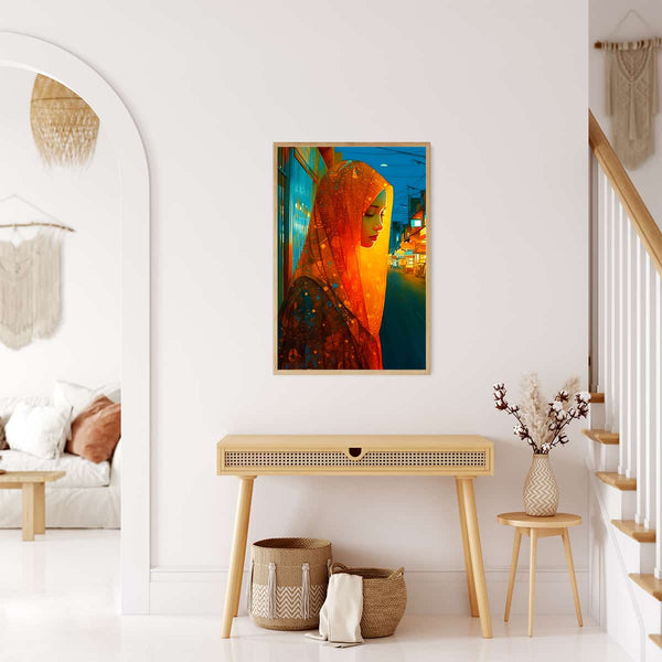 AB Diamond Painting - Woman in Orange Framed Art on Wall in Modern Living Room