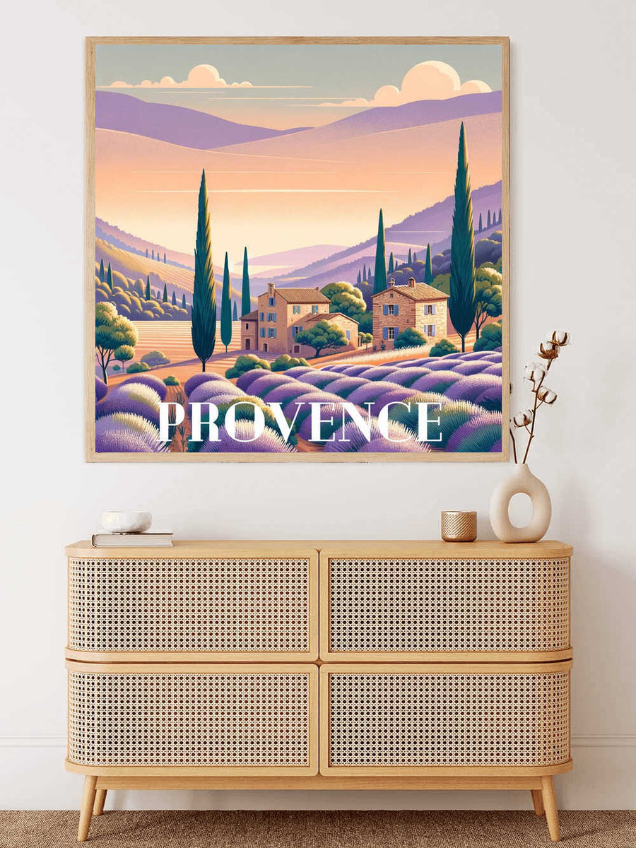 Paint by Numbers - Lavendeltraum in der Provence wall art on display above a wicker cabinet, featuring lavender fields and cypress trees.