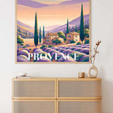 Paint by Numbers - Lavendeltraum in der Provence wall art on display above a wicker cabinet, featuring lavender fields and cypress trees.