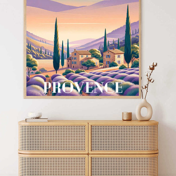 Paint by Numbers - Lavendeltraum in der Provence wall art on display above a wicker cabinet, featuring lavender fields and cypress trees.