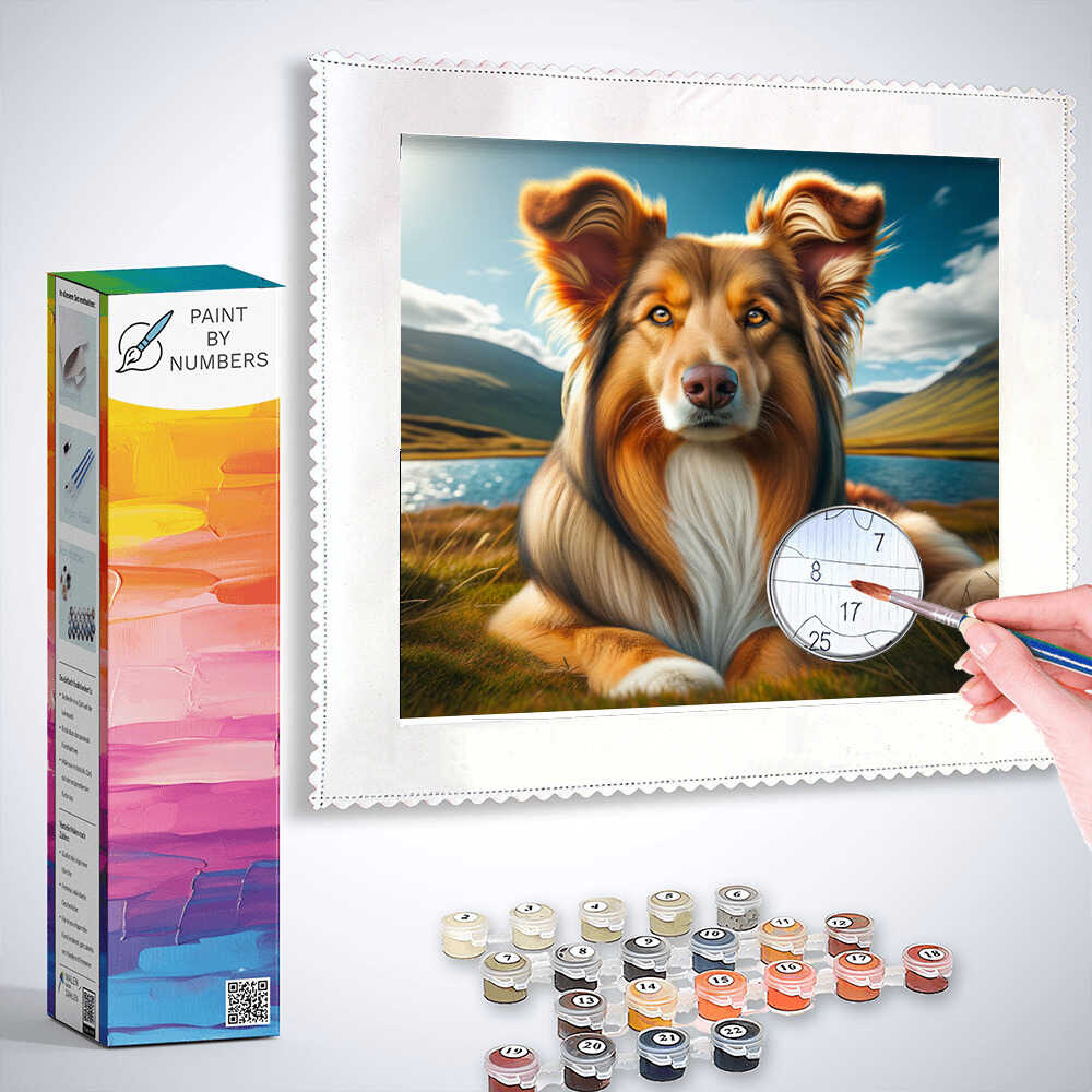 Paint by Numbers - Exalted Guardian of the Shire, featuring a majestic dog in a serene landscape, with paint supplies and a hand painting.