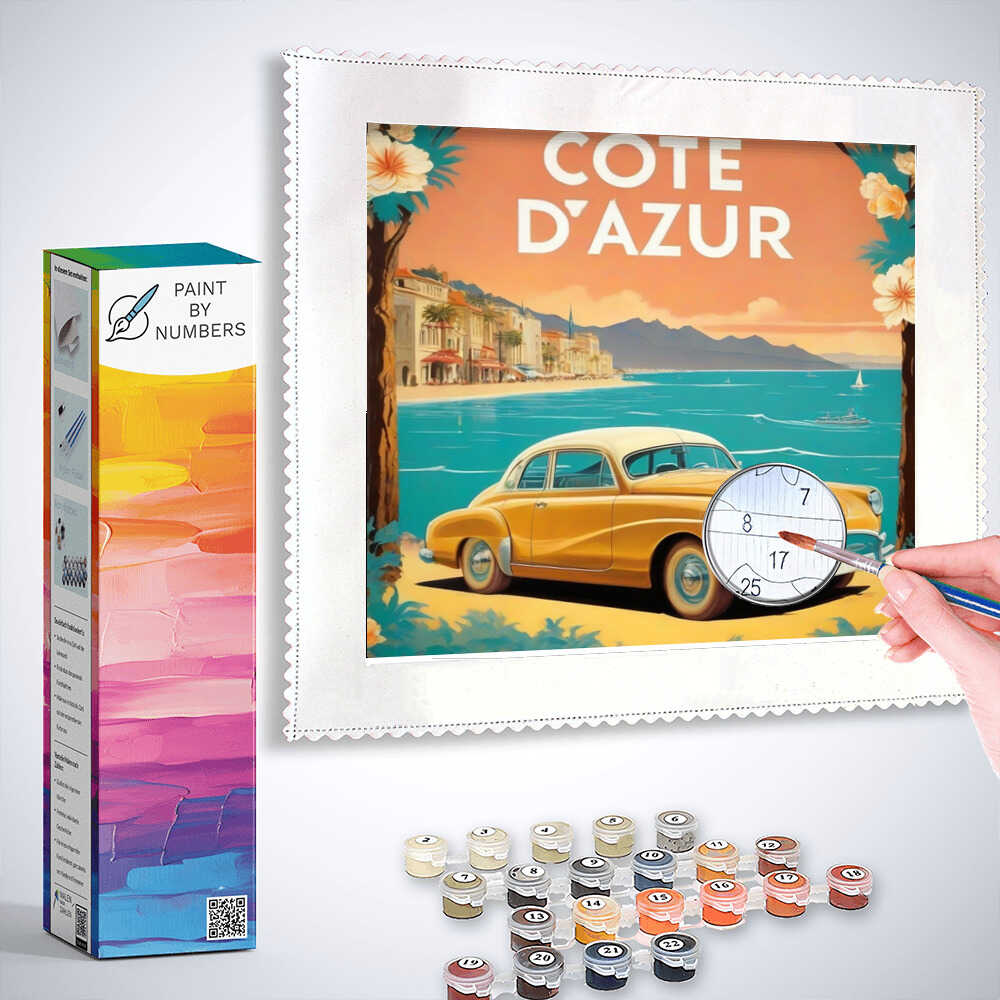 Paint by Numbers kit showcasing a vintage car on the Côte d'Azur with soft orange and blue hues, surrounded by paint colors and brushes.