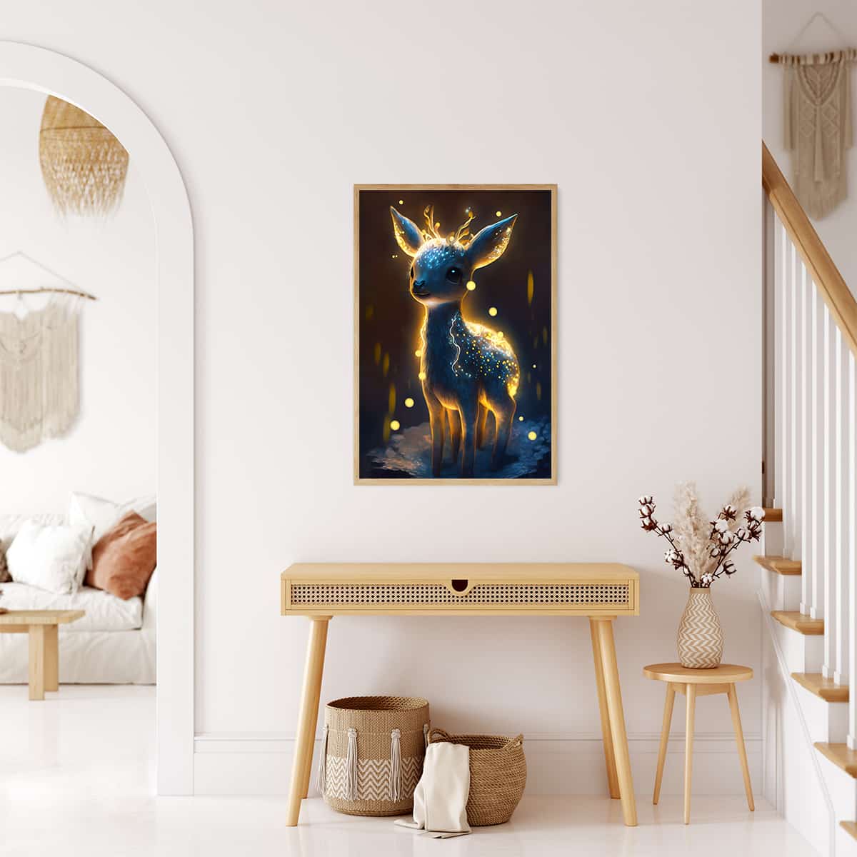AB Diamond Painting - Lichterreh hanging on a wall in a stylish modern living room, creating a sparkling art display.