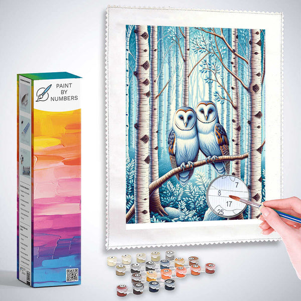 Paint by Numbers - Owl Couple in the Birch Forest