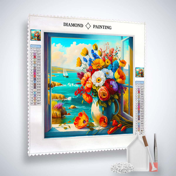Diamond painting kit featuring a flower arrangement by the sea with paint by numbers design on a professional canvas.