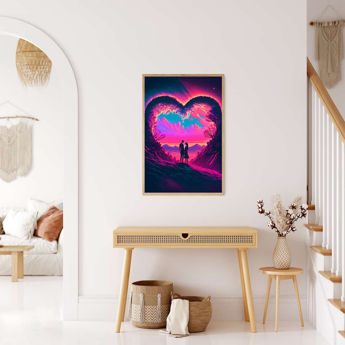 AB Diamond Painting - Heart Couple wall art displayed in a modern living room, featuring a romantic silhouette scene within a heart frame.