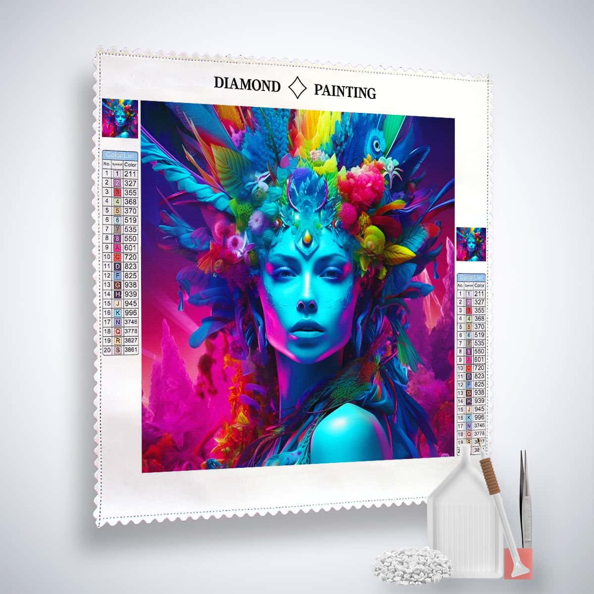 Diamond Painting Kit featuring a vibrant design of a proud woman with colorful feathers and flowers, including acrylic diamonds, tools, and canvas.